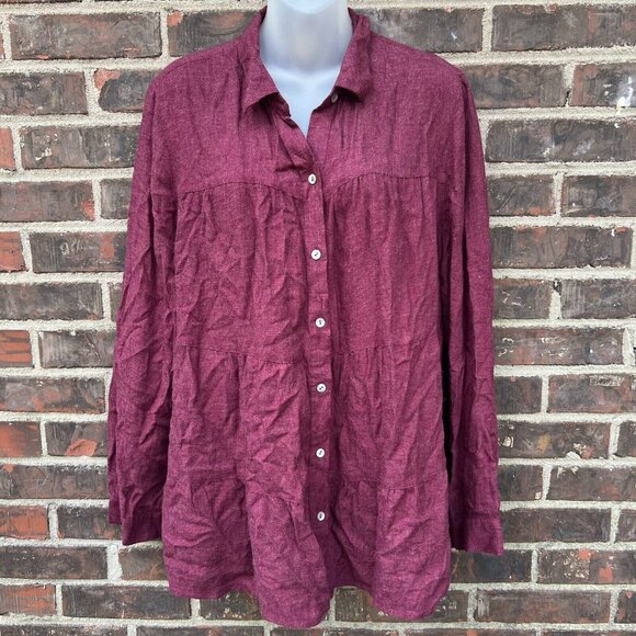 J. Jill Size L Red Tiered Collared Long Sleeve Shirt buttons Burgundy - Picture 1 of 7